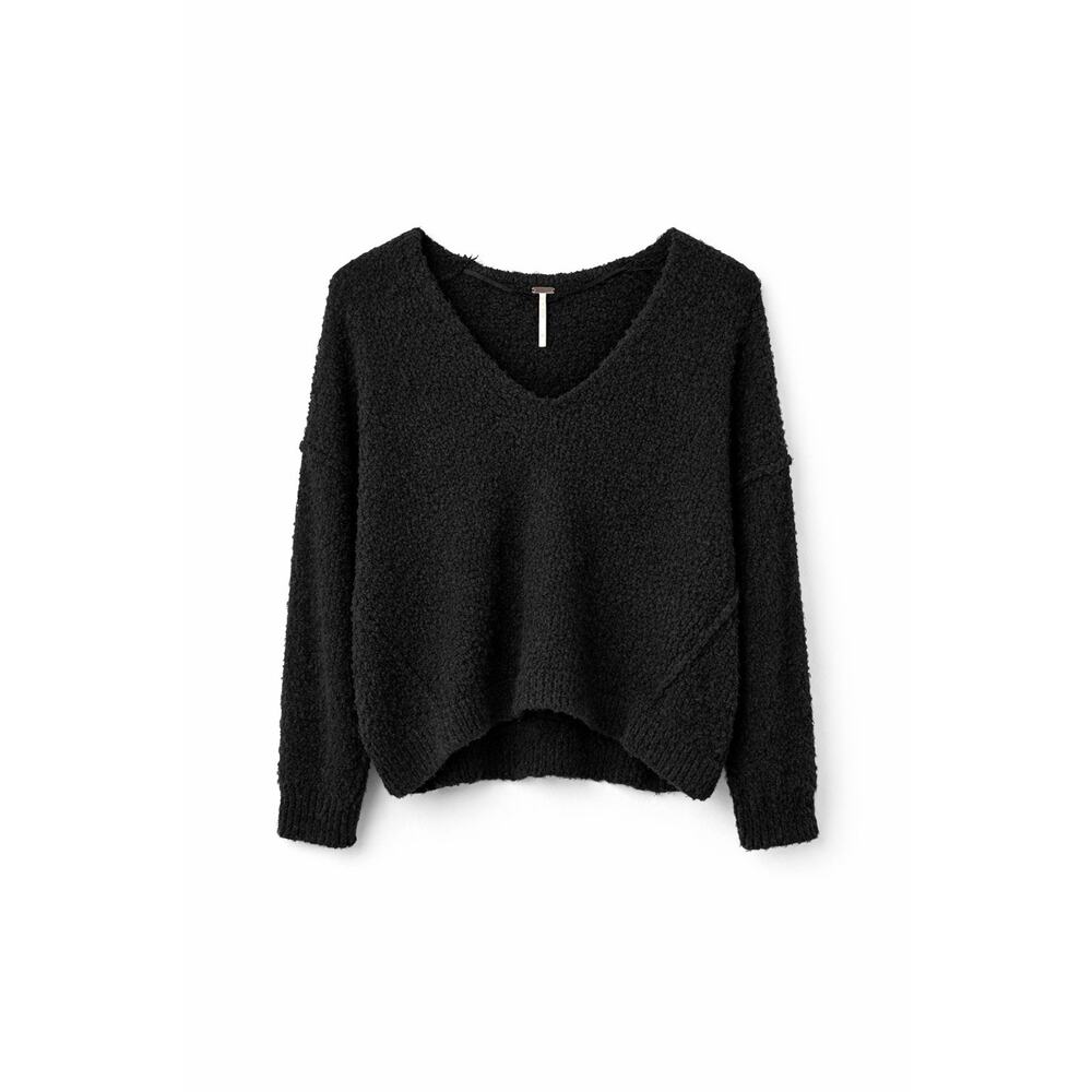 Free People Black Oversized Fuzzy Knit Sweater V-Neck Slouchy Boucle Knit XS